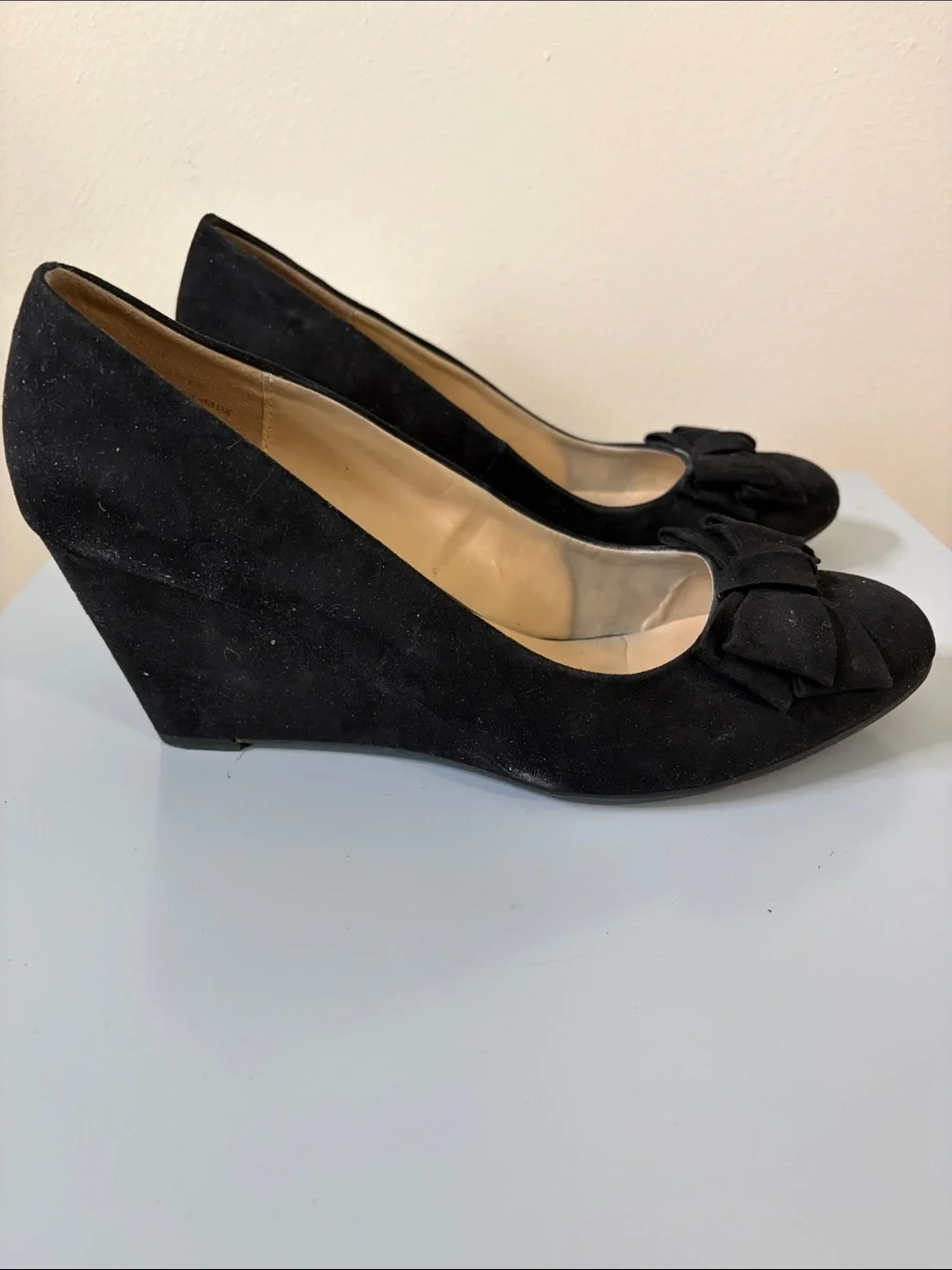 Cato Black Suede Bow Wedge Heels